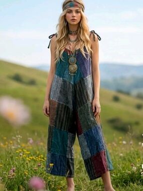 Kathmandu Patchwork Wide-Leg Jumpsuit in Multi Blue-Green